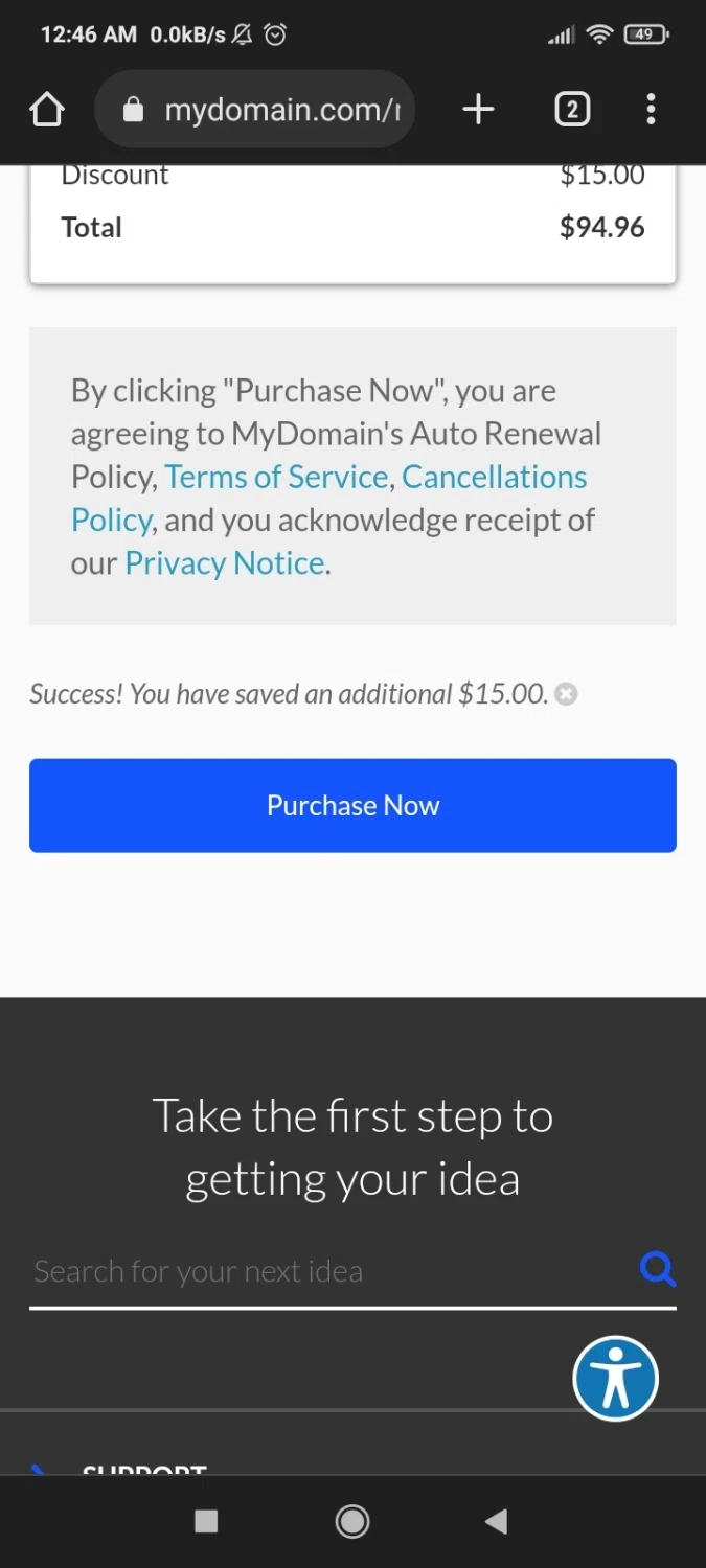 MyDomain checkout page showing MyDomain promo code box | Screenshot taken by SimplyCodes community member on Dec 24, 2022