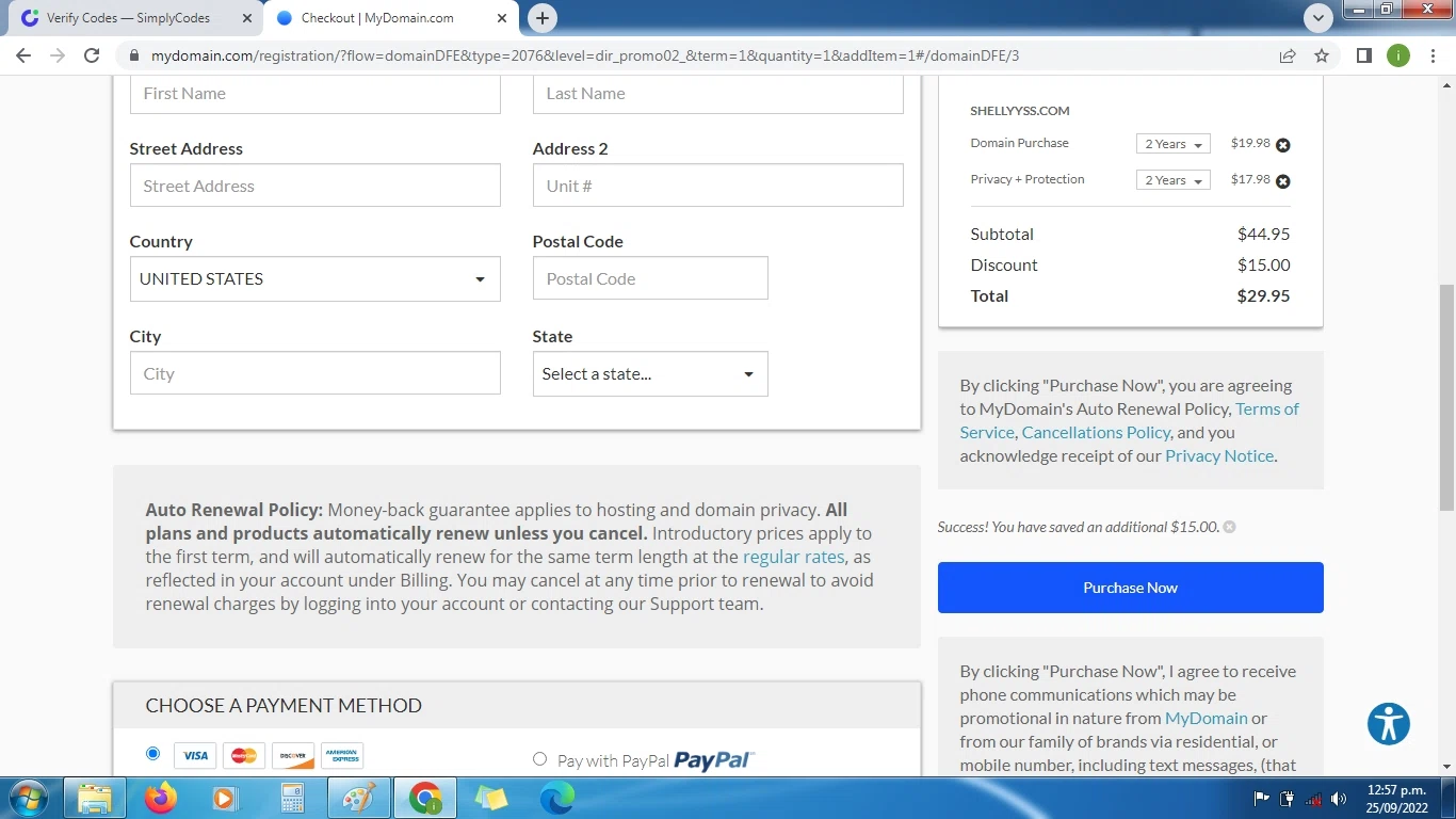 MyDomain checkout page showing MyDomain promo code box | Screenshot taken by SimplyCodes community member on Sep 25, 2022