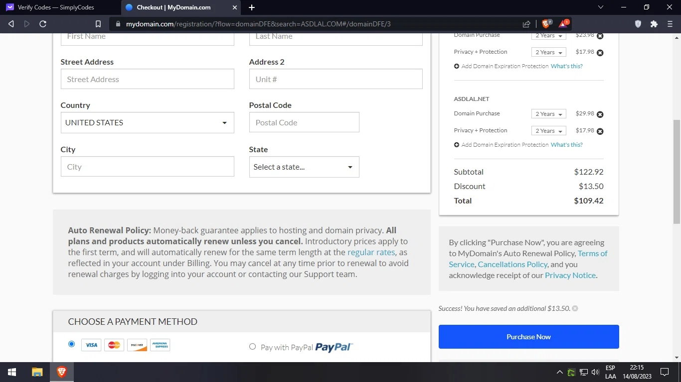 MyDomain checkout page showing MyDomain promo code box | Screenshot taken by SimplyCodes community member on Aug 14, 2023