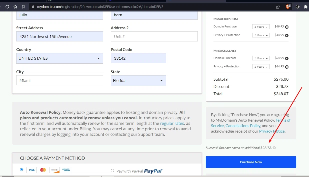 MyDomain checkout page showing MyDomain promo code box | Screenshot taken by SimplyCodes community member on Dec 24, 2022