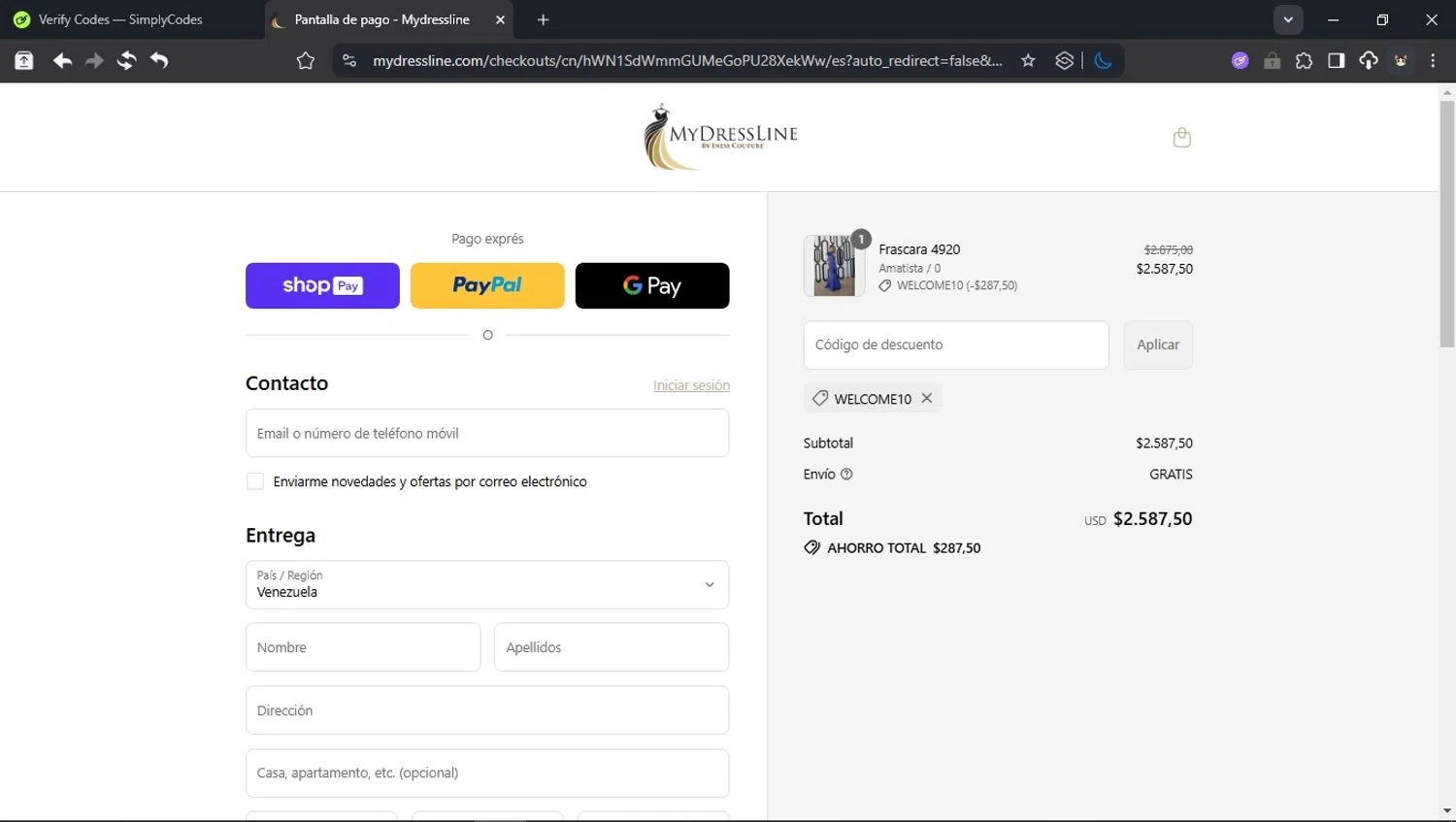 My Dress Line coupon code screenshot showing code WELCOME10 applied at My Dress Line checkout page. Uploaded by SimplyCodes community member domain on Aug 5, 2025