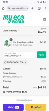 MYECOWORLD10 coupon verification screenshot