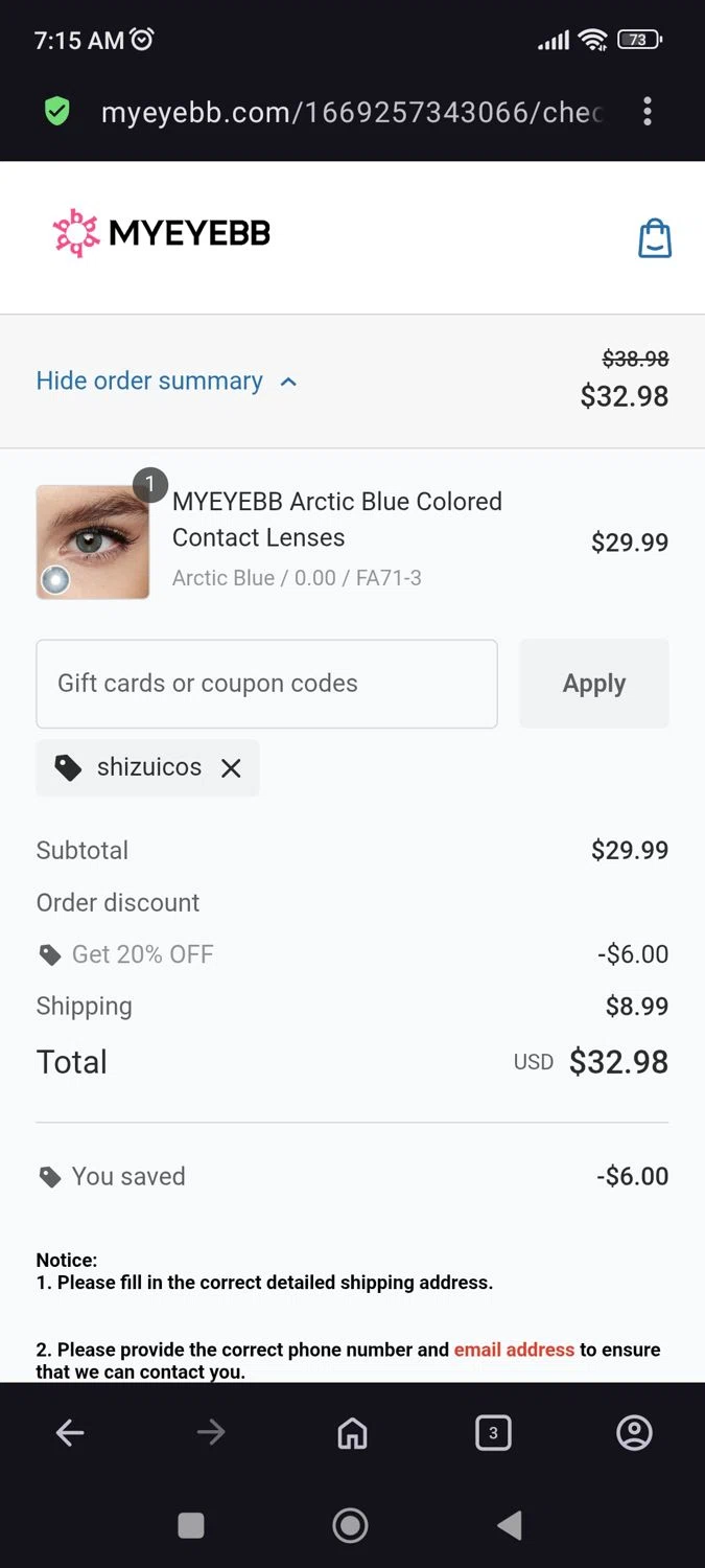 Myeyebb checkout page showing Myeyebb discount code box | Screenshot taken by SimplyCodes community member on Feb 15, 2026