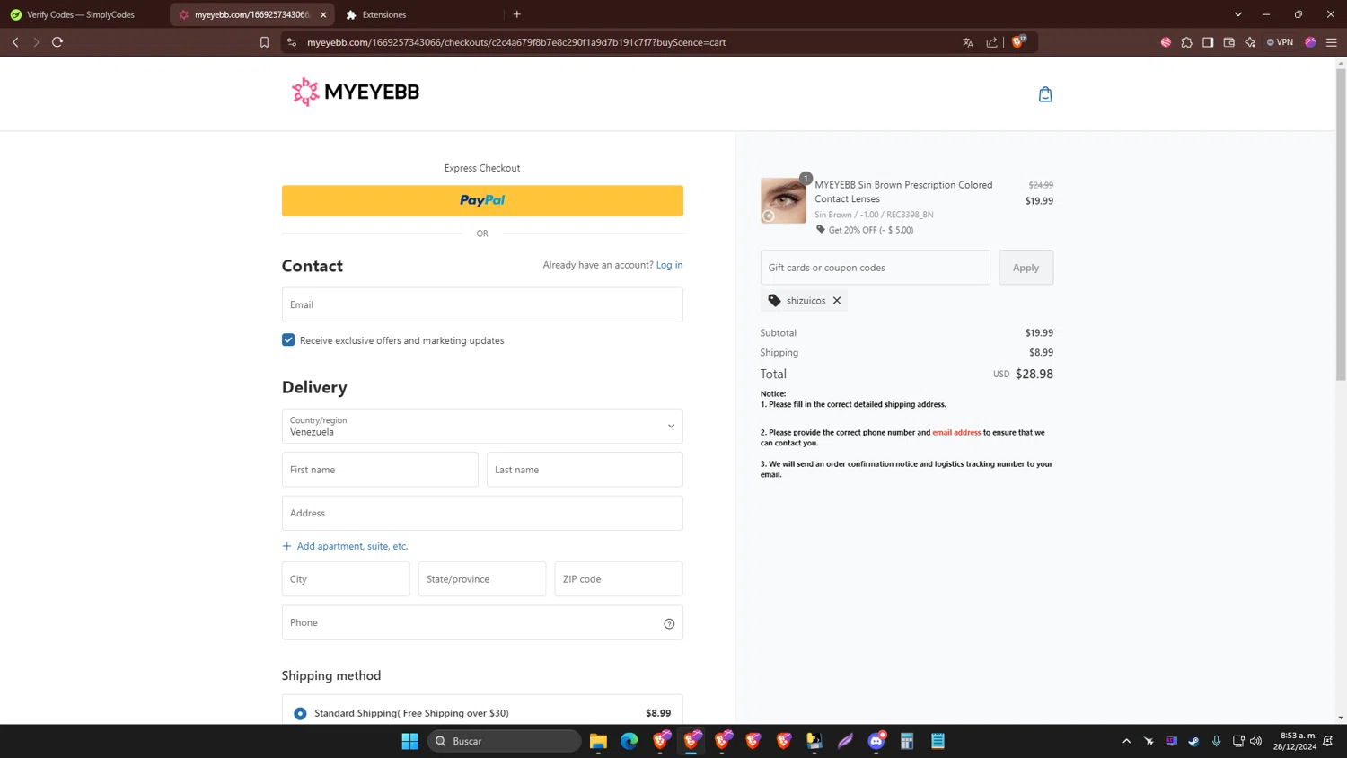Myeyebb discount code screenshot showing code Shizuicos applied at Myeyebb checkout page. Uploaded by SimplyCodes community member papa01 on Dec 28, 2024