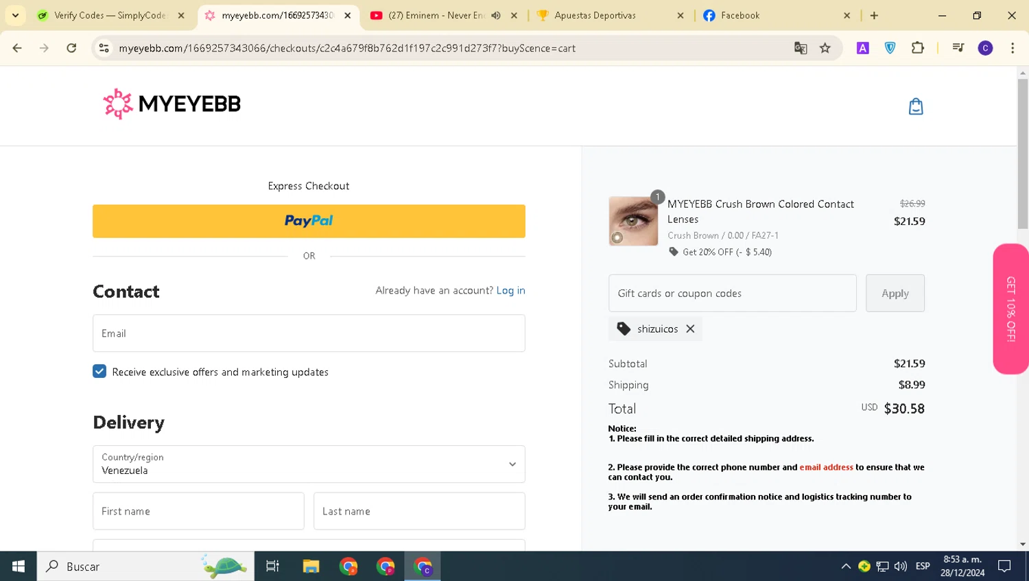 Myeyebb discount code screenshot showing code Shizuicos applied at Myeyebb checkout page. Uploaded by SimplyCodes community member alexanderarnold on Dec 28, 2024