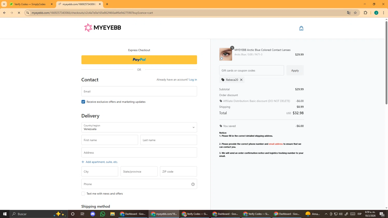 Myeyebb checkout page showing Myeyebb discount code box | Screenshot taken by SimplyCodes community member on Feb 18, 2026