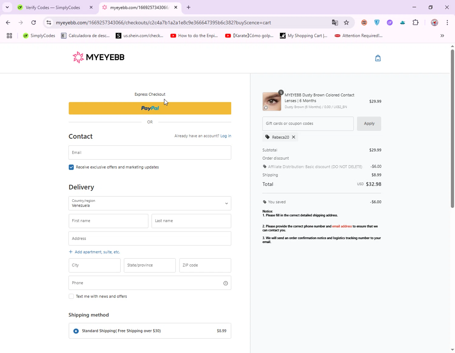 Myeyebb discount code screenshot showing code rebeca20 applied at Myeyebb checkout page. Uploaded by SimplyCodes community member ElIntrepidoVolador on Aug 2, 2025