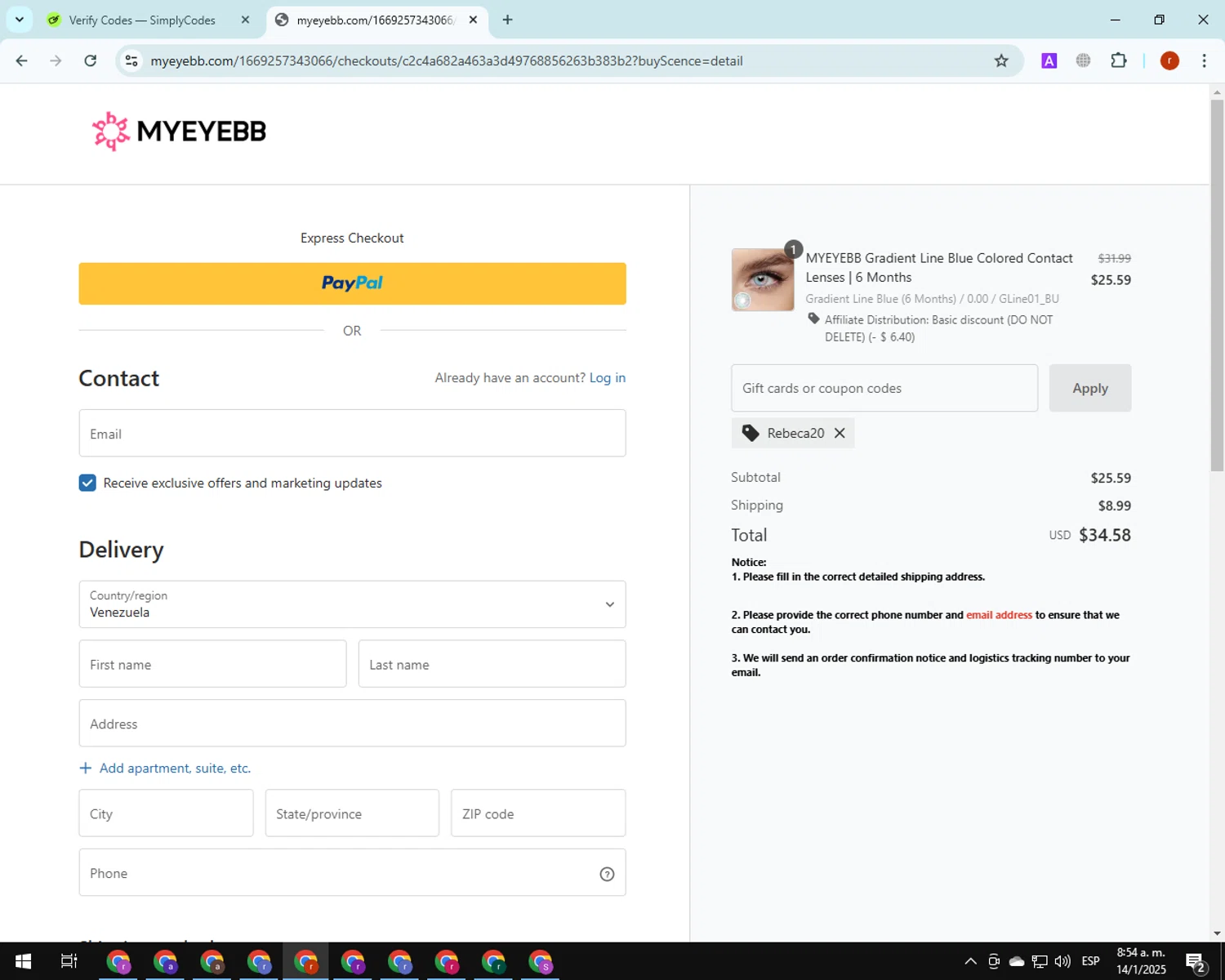 Myeyebb discount code screenshot showing code rebeca20 applied at Myeyebb checkout page. Uploaded by SimplyCodes community member PrimeGuardian7348 on Jan 14, 2025