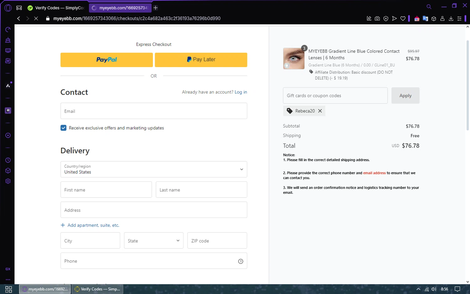 Myeyebb discount code screenshot showing code rebeca20 applied at Myeyebb checkout page. Uploaded by SimplyCodes community member FrugalSaver5213 on Jan 14, 2025