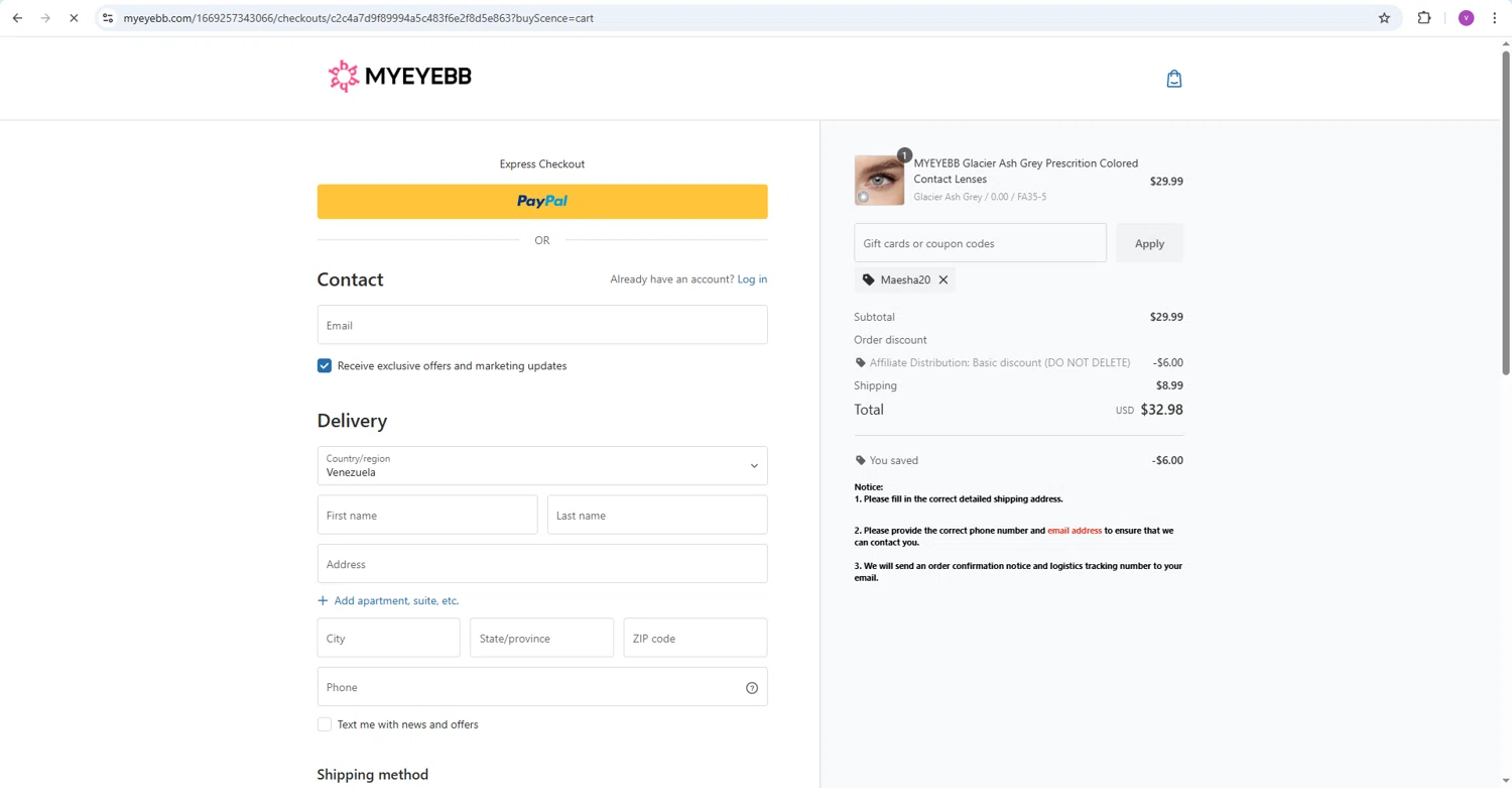 Myeyebb checkout page showing Myeyebb discount code box | Screenshot taken by SimplyCodes community member on Feb 15, 2026