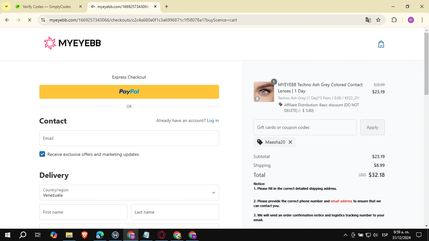 Myeyebb discount code screenshot showing code Maesha20 applied at Myeyebb checkout page. Uploaded by SimplyCodes community member NobleSeeker3177 on Dec 31, 2024