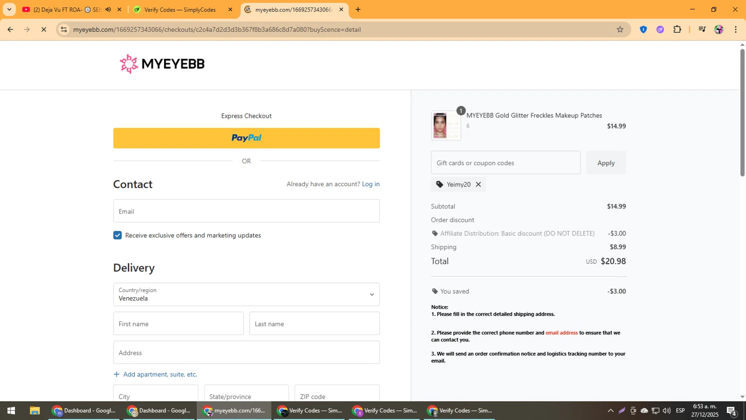 Myeyebb discount code screenshot showing code Yeimy20 applied at Myeyebb checkout page. Uploaded by SimplyCodes community member Vanmanuel on Dec 27, 2025