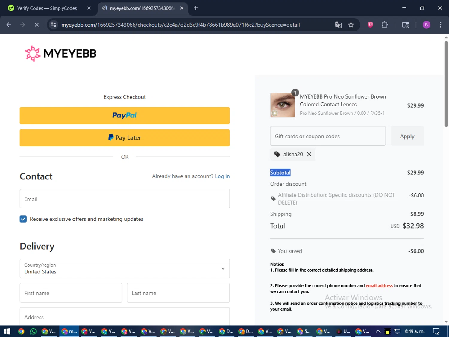 Myeyebb discount code screenshot showing code alisha20 applied at Myeyebb checkout page. Uploaded by SimplyCodes community member travisscott on Dec 27, 2025