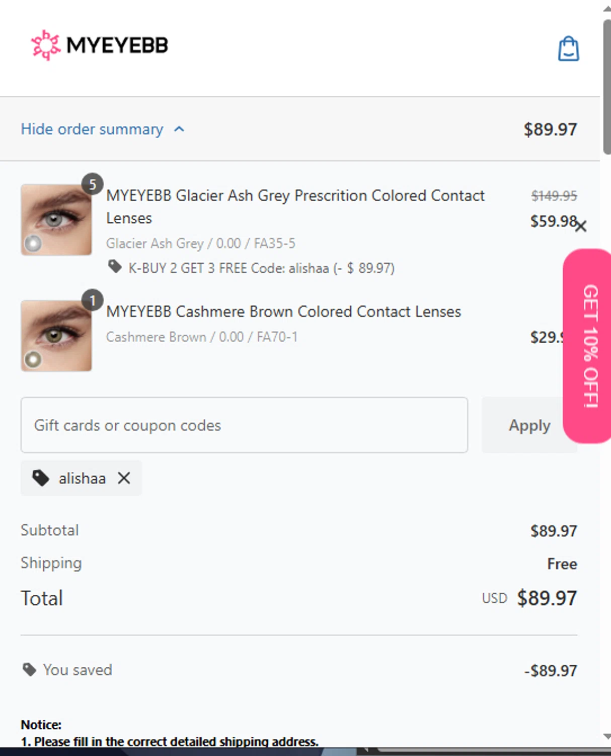 Myeyebb checkout page showing Myeyebb discount code box | Screenshot taken by SimplyCodes community member on Feb 11, 2026