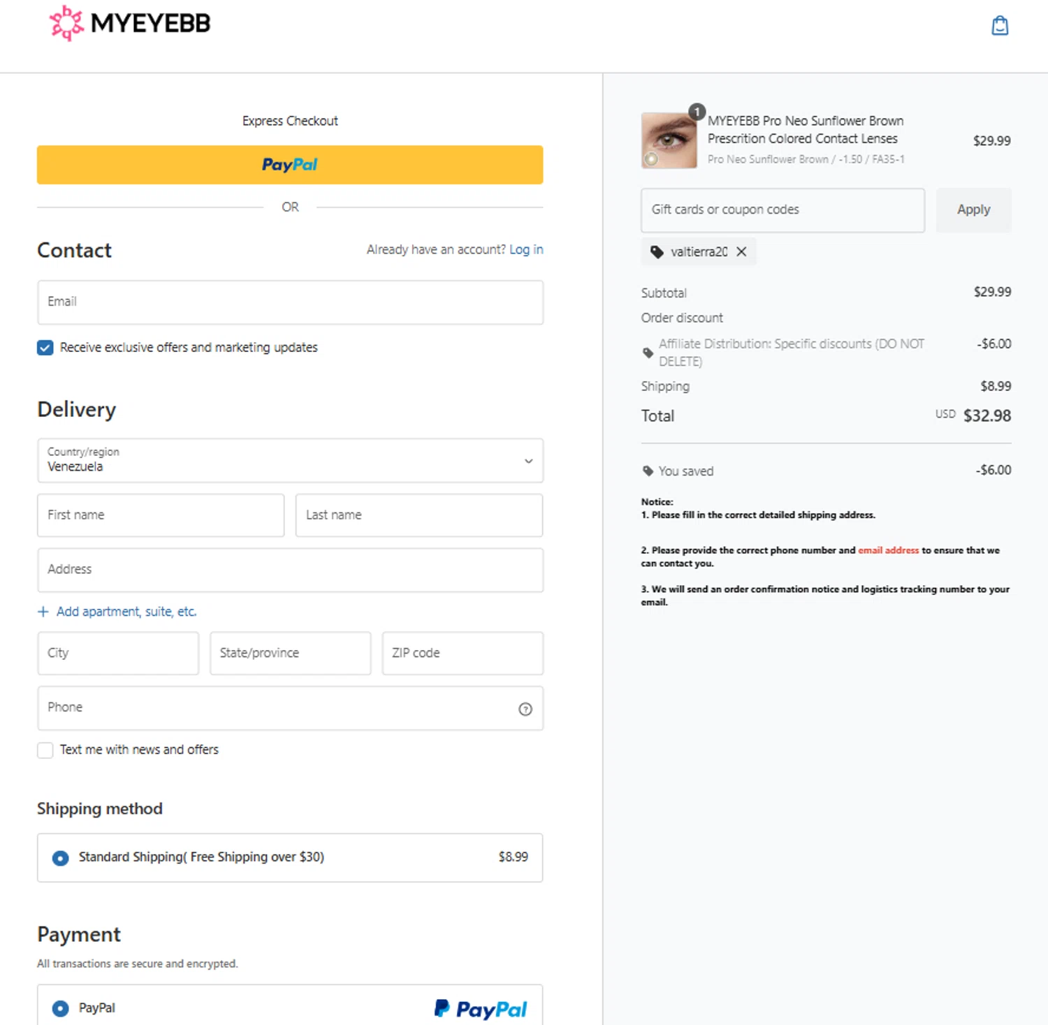 Myeyebb checkout page showing Myeyebb discount code box | Screenshot taken by SimplyCodes community member on Feb 11, 2026