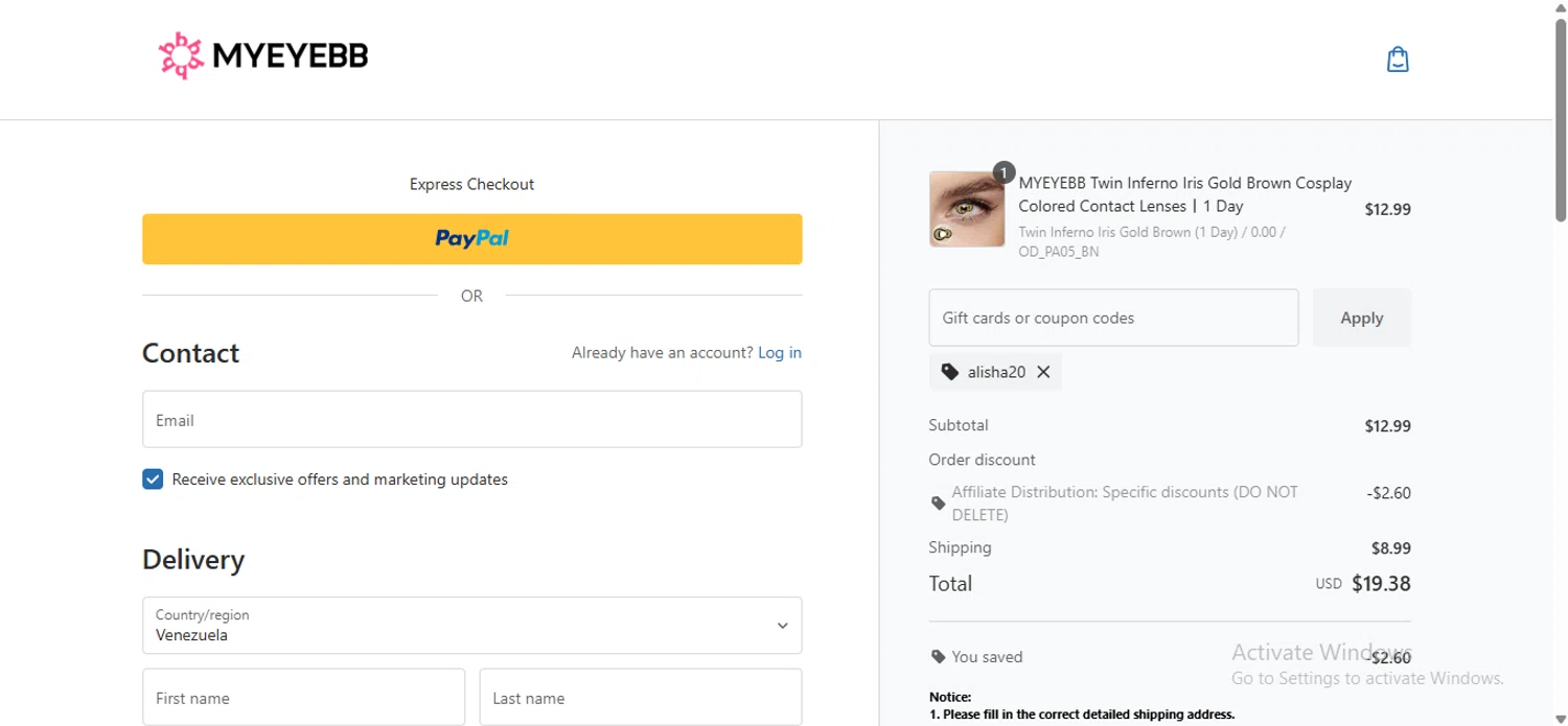 Myeyebb discount code screenshot showing code alisha20 applied at Myeyebb checkout page. Uploaded by SimplyCodes community member anosesmith on Oct 1, 2025