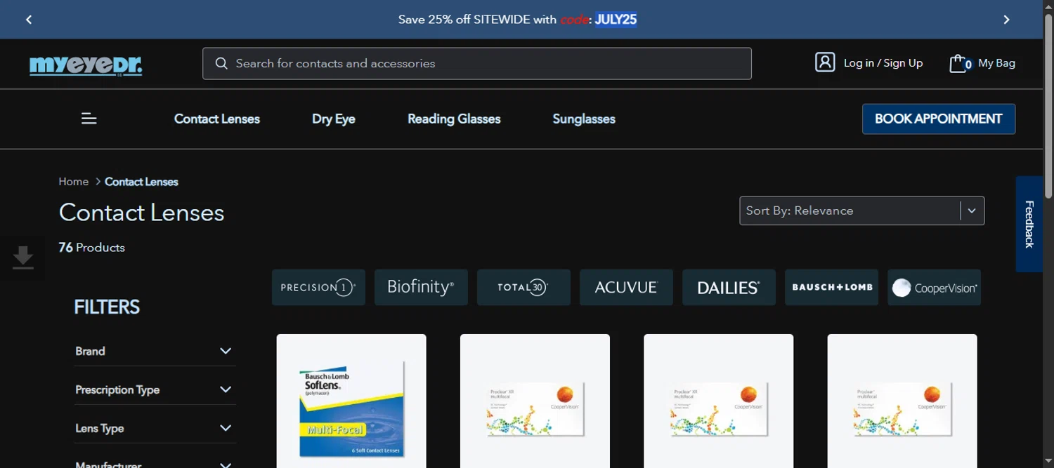 MyEyeDr. coupon code screenshot showing code JULY25 applied at MyEyeDr. checkout page. Uploaded by SimplyCodes community member 111111 on Jul 5, 2025