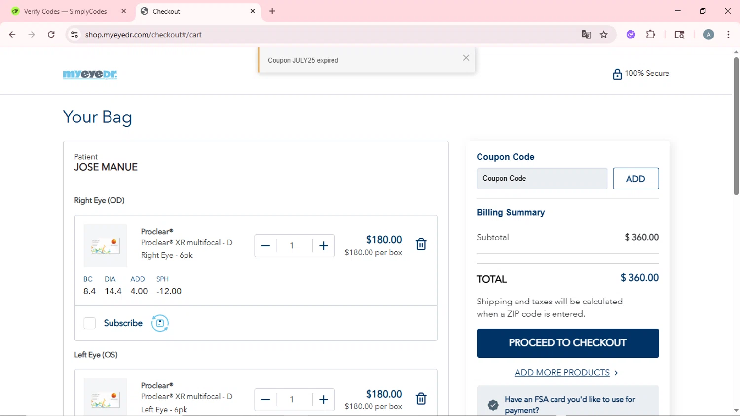 MyEyeDr. coupon code screenshot showing code JULY25 applied at MyEyeDr. checkout page. Uploaded by SimplyCodes community member CrownSpotter6947 on Jul 11, 2025