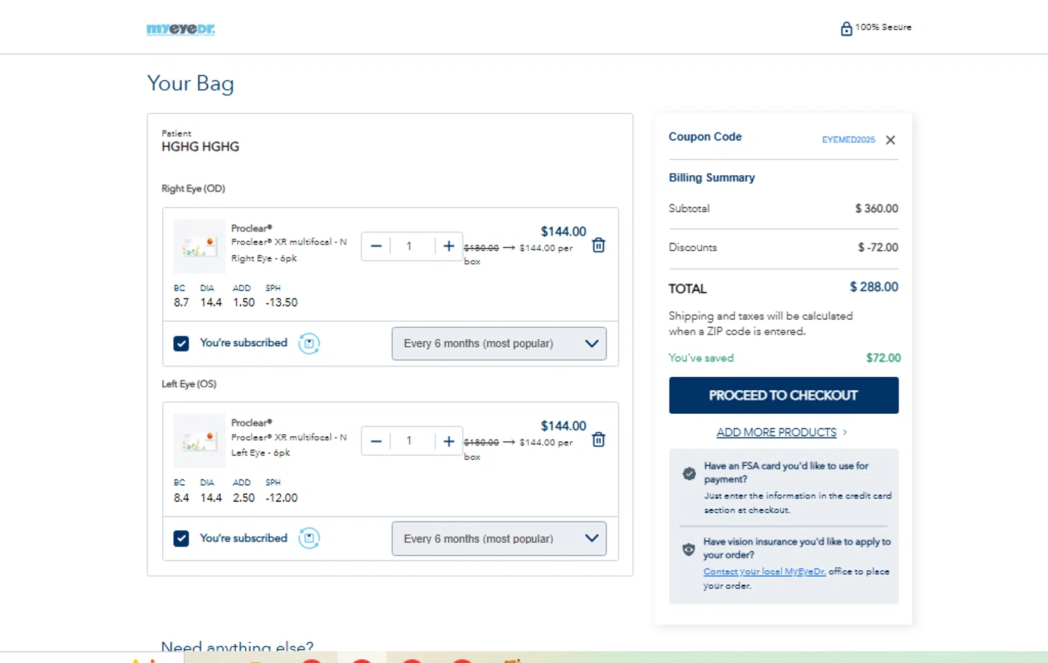 MyEyeDr. checkout page showing MyEyeDr. coupon code box | Screenshot taken by SimplyCodes community member on Oct 27, 2025