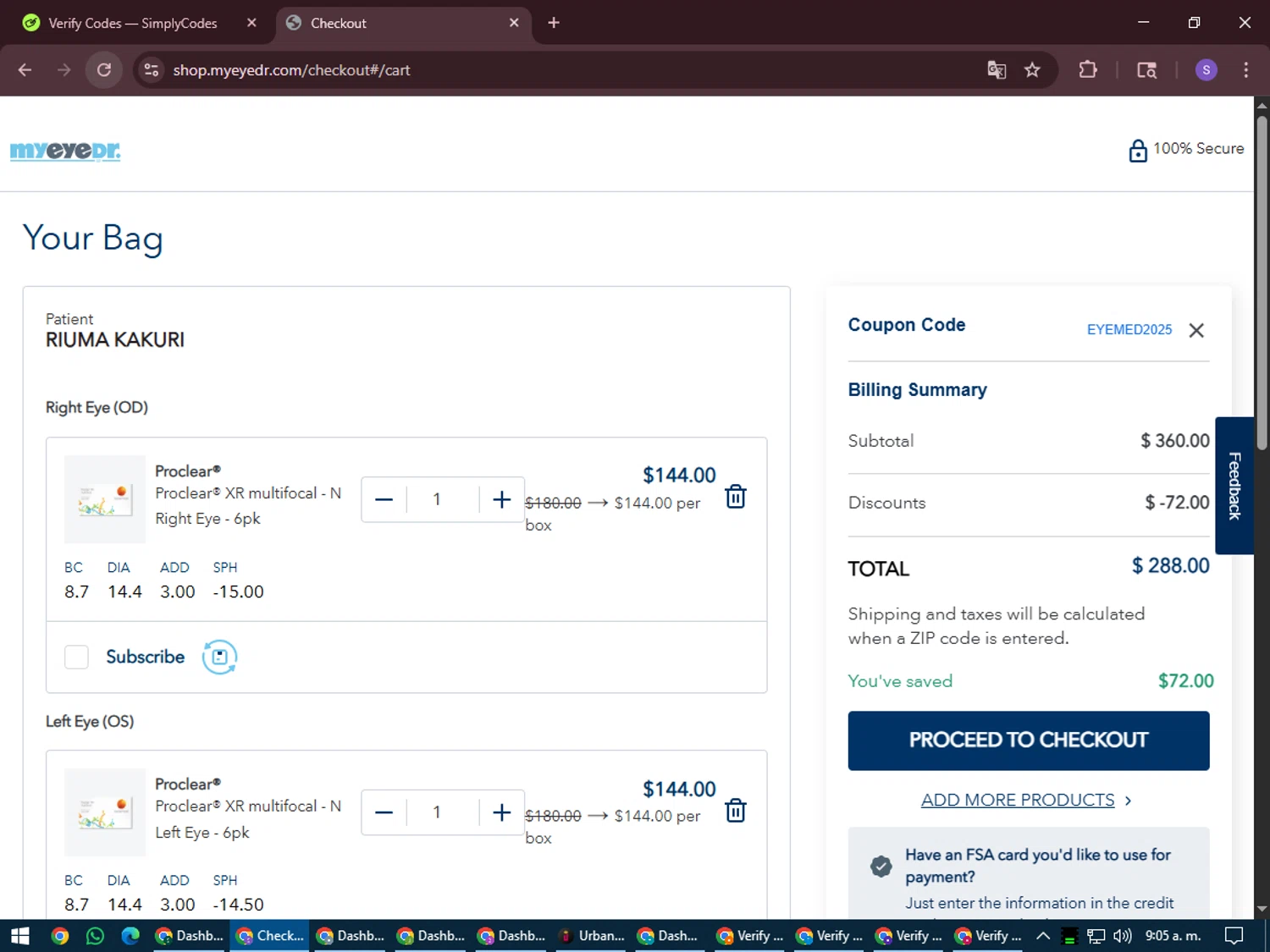 MyEyeDr. checkout page showing MyEyeDr. coupon code box | Screenshot taken by SimplyCodes community member on Jul 26, 2025