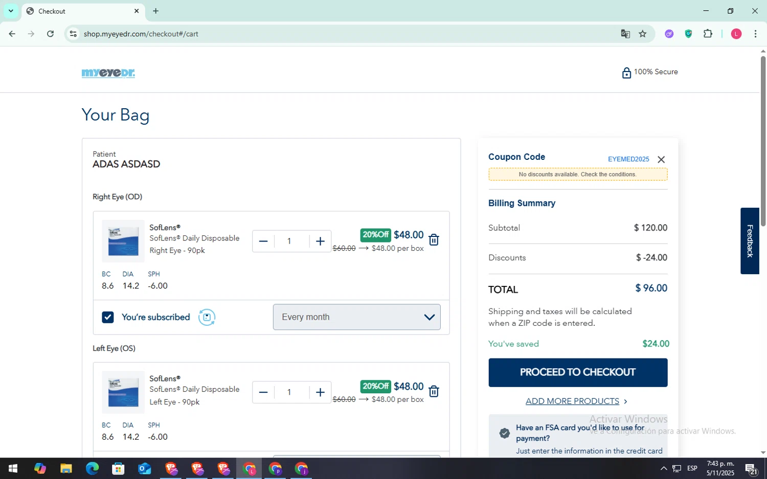 MyEyeDr. checkout page showing MyEyeDr. coupon code box | Screenshot taken by SimplyCodes community member on Nov 5, 2025