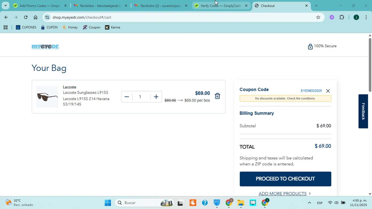MyEyeDr. coupon code screenshot showing code EYEMED2025 applied at MyEyeDr. checkout page. Uploaded by SimplyCodes community member jorgejavierherrera on Nov 11, 2025