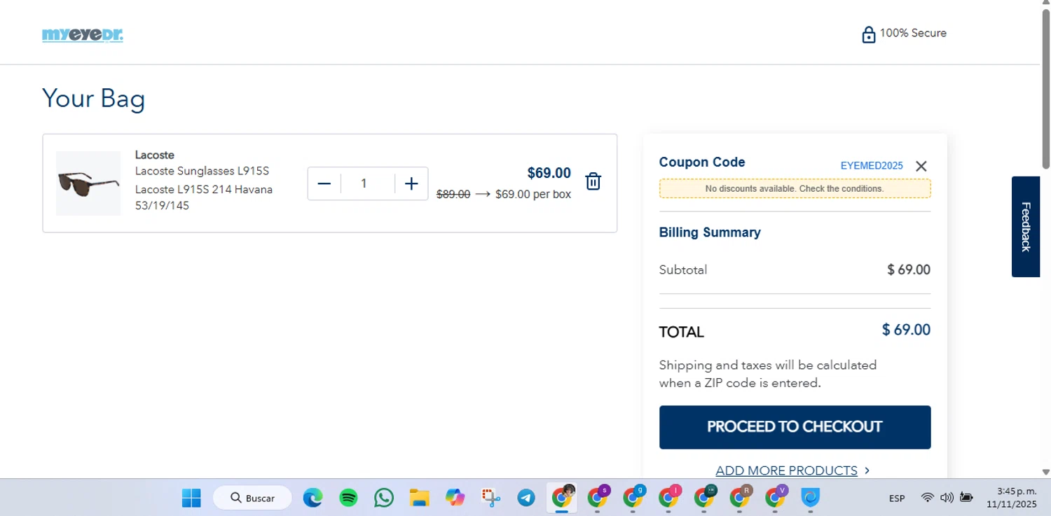 MyEyeDr. coupon code screenshot showing code EYEMED2025 applied at MyEyeDr. checkout page. Uploaded by SimplyCodes community member luisaballera on Nov 11, 2025