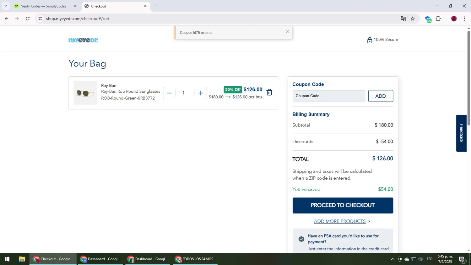 MyEyeDr. coupon code screenshot showing code ld75 applied at MyEyeDr. checkout page. Uploaded by SimplyCodes community member MightyLegend6657 on Sep 7, 2025