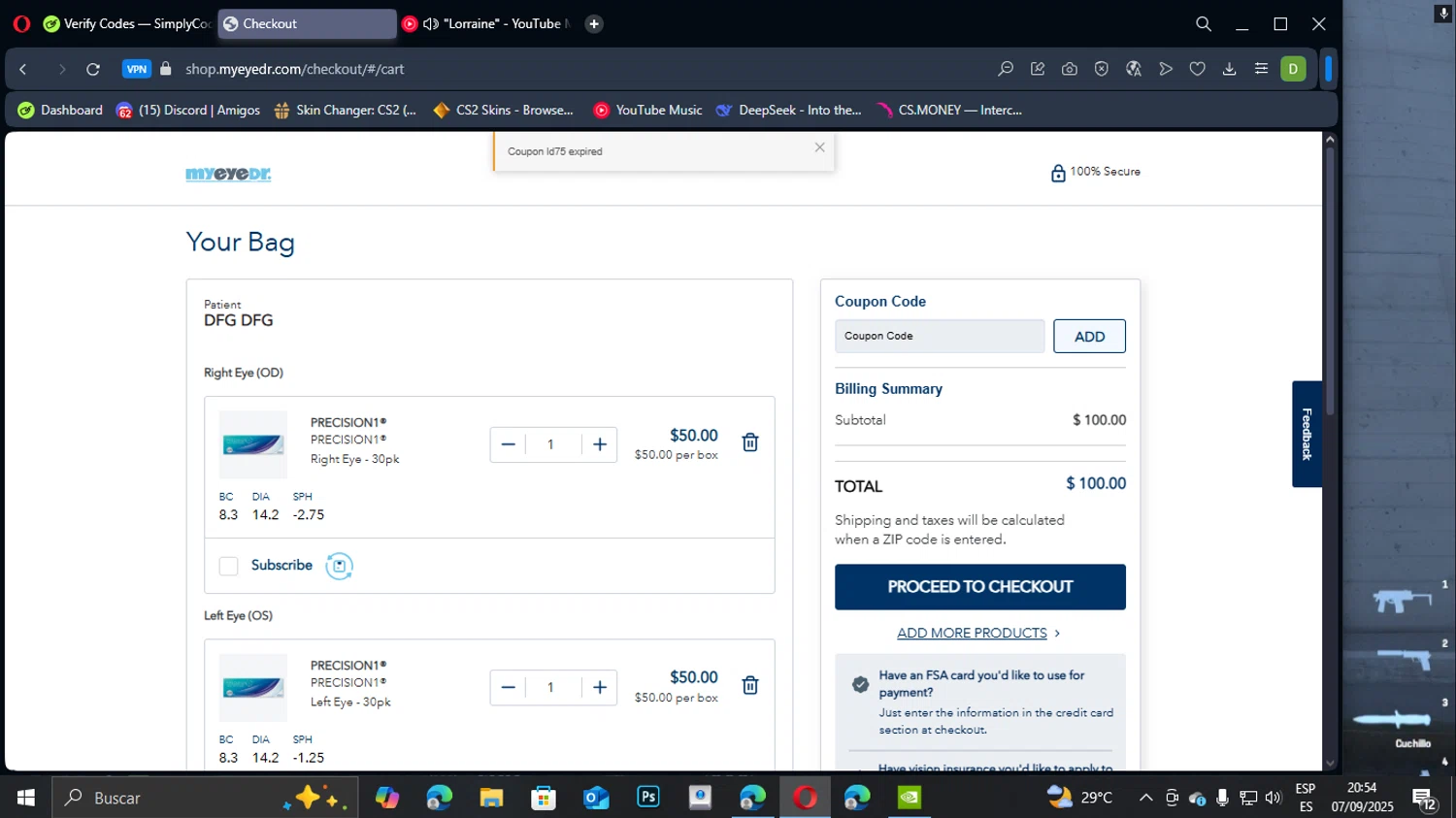 MyEyeDr. coupon code screenshot showing code ld75 applied at MyEyeDr. checkout page. Uploaded by SimplyCodes community member TuAmigoRed on Sep 8, 2025