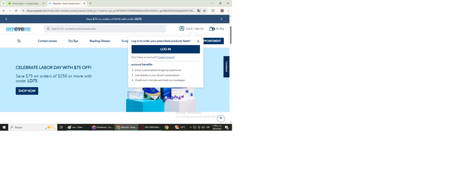 MyEyeDr. checkout page showing MyEyeDr. coupon code box | Screenshot taken by SimplyCodes community member on Aug 29, 2025