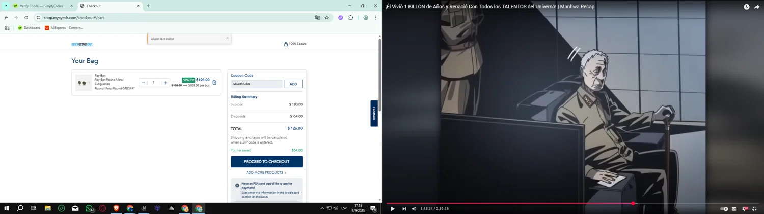 MyEyeDr. coupon code screenshot showing code ld75 applied at MyEyeDr. checkout page. Uploaded by SimplyCodes community member rauzzzz on Sep 7, 2025