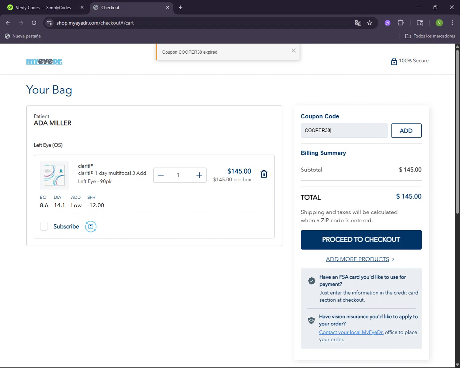 MyEyeDr. coupon code screenshot showing code COOPER30 applied at MyEyeDr. checkout page. Uploaded by SimplyCodes community member CleverNavigator1236 on Nov 1, 2025
