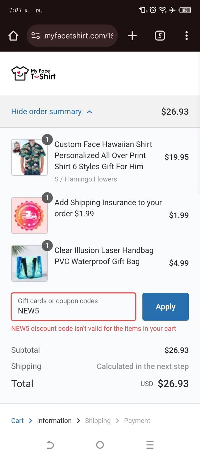 MyfaceTshirt coupon code screenshot showing code NEW5 applied at MyfaceTshirt checkout page. Uploaded by SimplyCodes community member WonderW on Feb 4, 2025