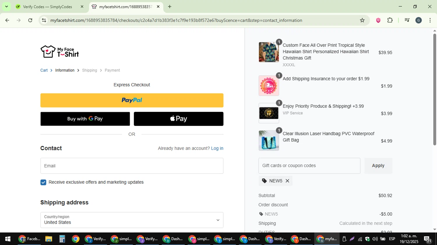 MyfaceTshirt coupon code screenshot showing code NEW5 applied at MyfaceTshirt checkout page. Uploaded by SimplyCodes community member gabinharris55 on Dec 19, 2025