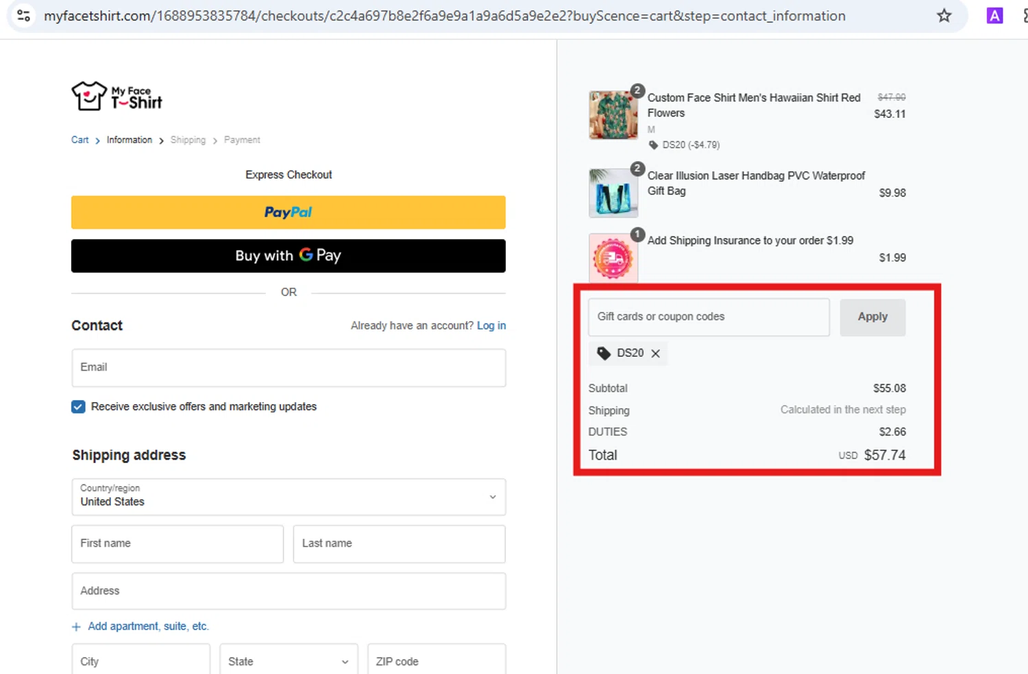 MyfaceTshirt coupon code screenshot showing code DS20 applied at MyfaceTshirt checkout page. Uploaded by SimplyCodes community member Yeye1530 on Apr 28, 2025