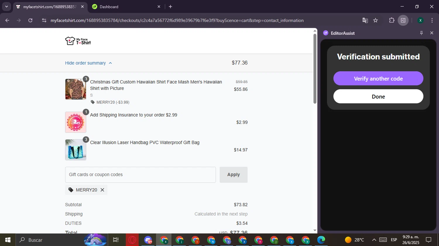 MyfaceTshirt coupon code screenshot showing code MERRY20 applied at MyfaceTshirt checkout page. Uploaded by SimplyCodes community member CouponBoss6932 on Jun 26, 2025