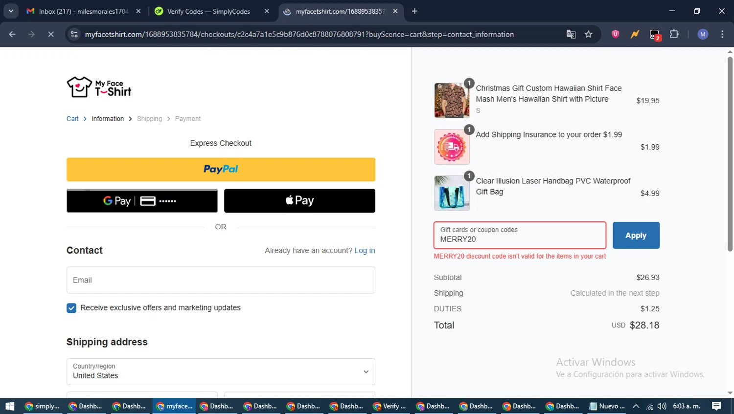 MyfaceTshirt coupon code screenshot showing code MERRY20 applied at MyfaceTshirt checkout page. Uploaded by SimplyCodes community member PrimeFox5260 on May 28, 2025