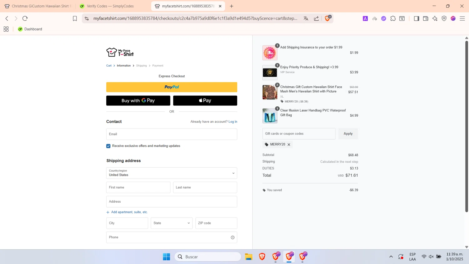 MyfaceTshirt coupon code screenshot showing code MERRY20 applied at MyfaceTshirt checkout page. Uploaded by SimplyCodes community member TokenTitan4464 on Oct 1, 2025