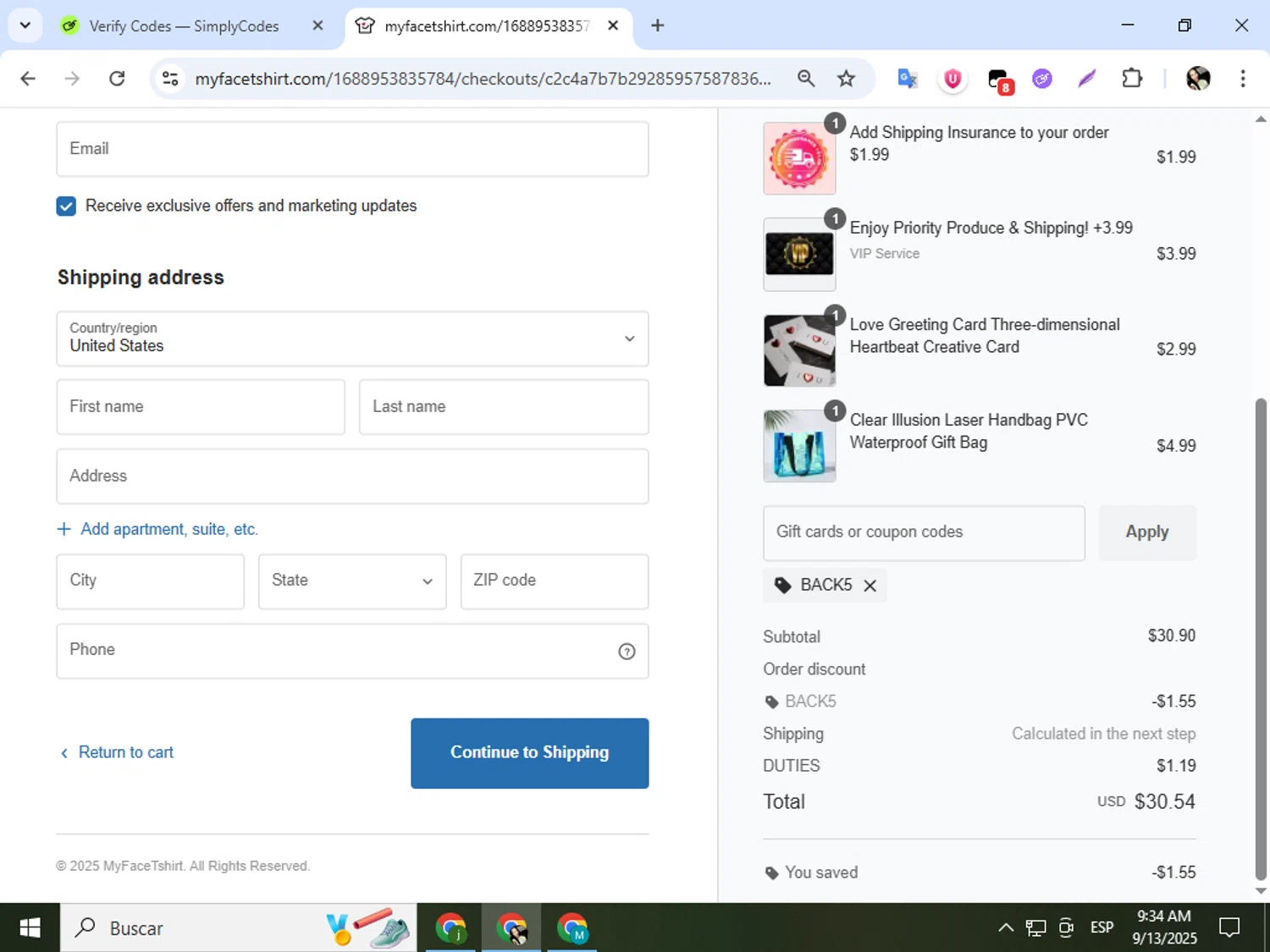 MyfaceTshirt coupon code screenshot showing code BACK5 applied at MyfaceTshirt checkout page. Uploaded by SimplyCodes community member mariapolancog on Sep 13, 2025