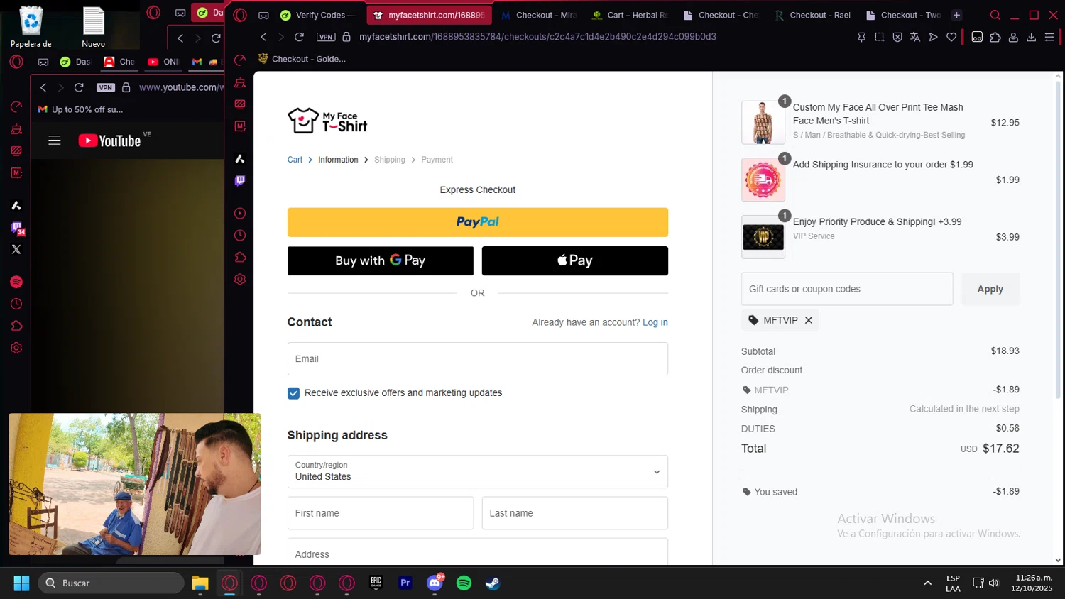 MyfaceTshirt coupon code screenshot showing code MFTVIP applied at MyfaceTshirt checkout page. Uploaded by SimplyCodes community member Billyyou on Oct 12, 2025