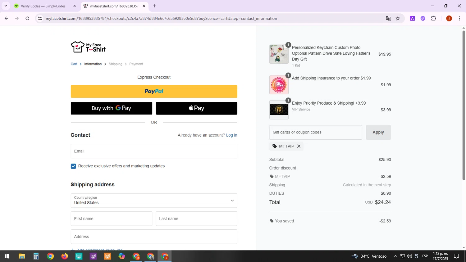 MyfaceTshirt coupon code screenshot showing code MFTVIP applied at MyfaceTshirt checkout page. Uploaded by SimplyCodes community member MarkZuckerberg on Jul 17, 2025