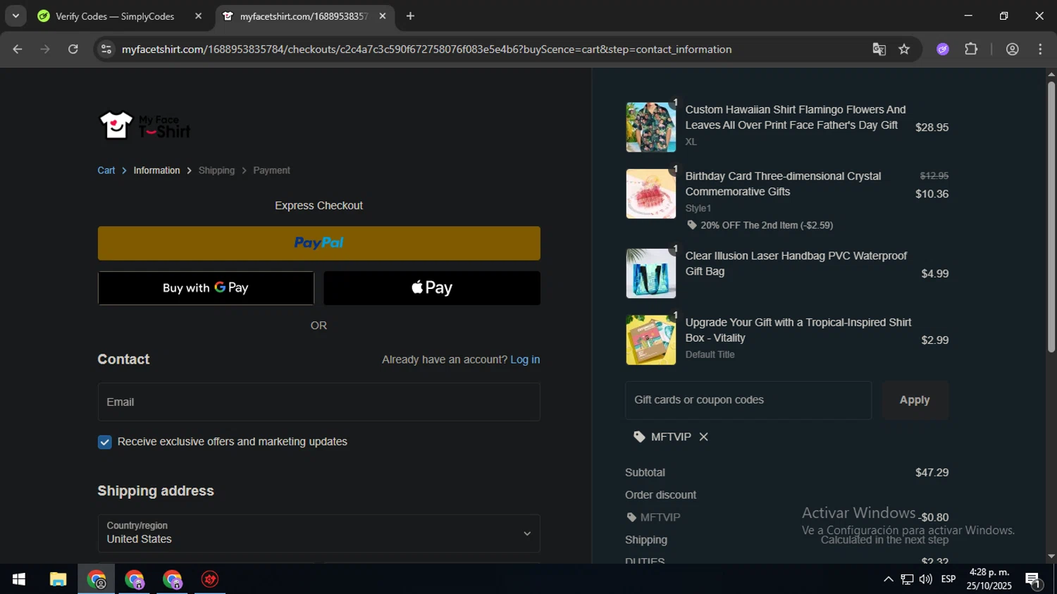 MyfaceTshirt coupon code screenshot showing code MFTVIP applied at MyfaceTshirt checkout page. Uploaded by SimplyCodes community member SavingsMaven1223 on Oct 25, 2025