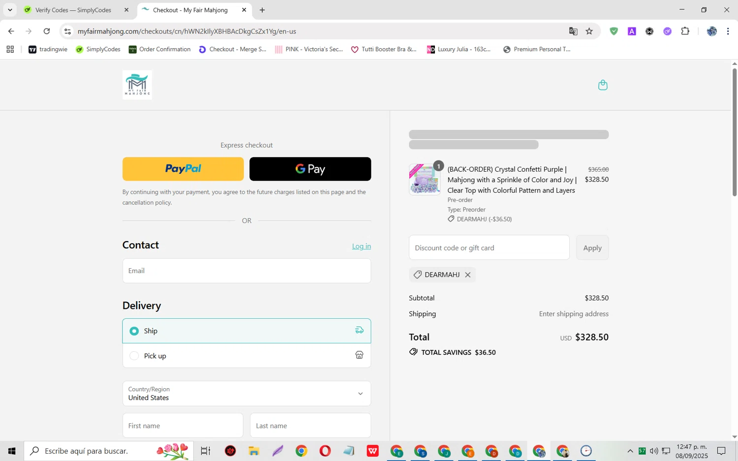My Fair Mahjong discount code screenshot showing code DEARMAHJ applied at My Fair Mahjong checkout page. Uploaded by SimplyCodes community member JoseH45 on Sep 8, 2025
