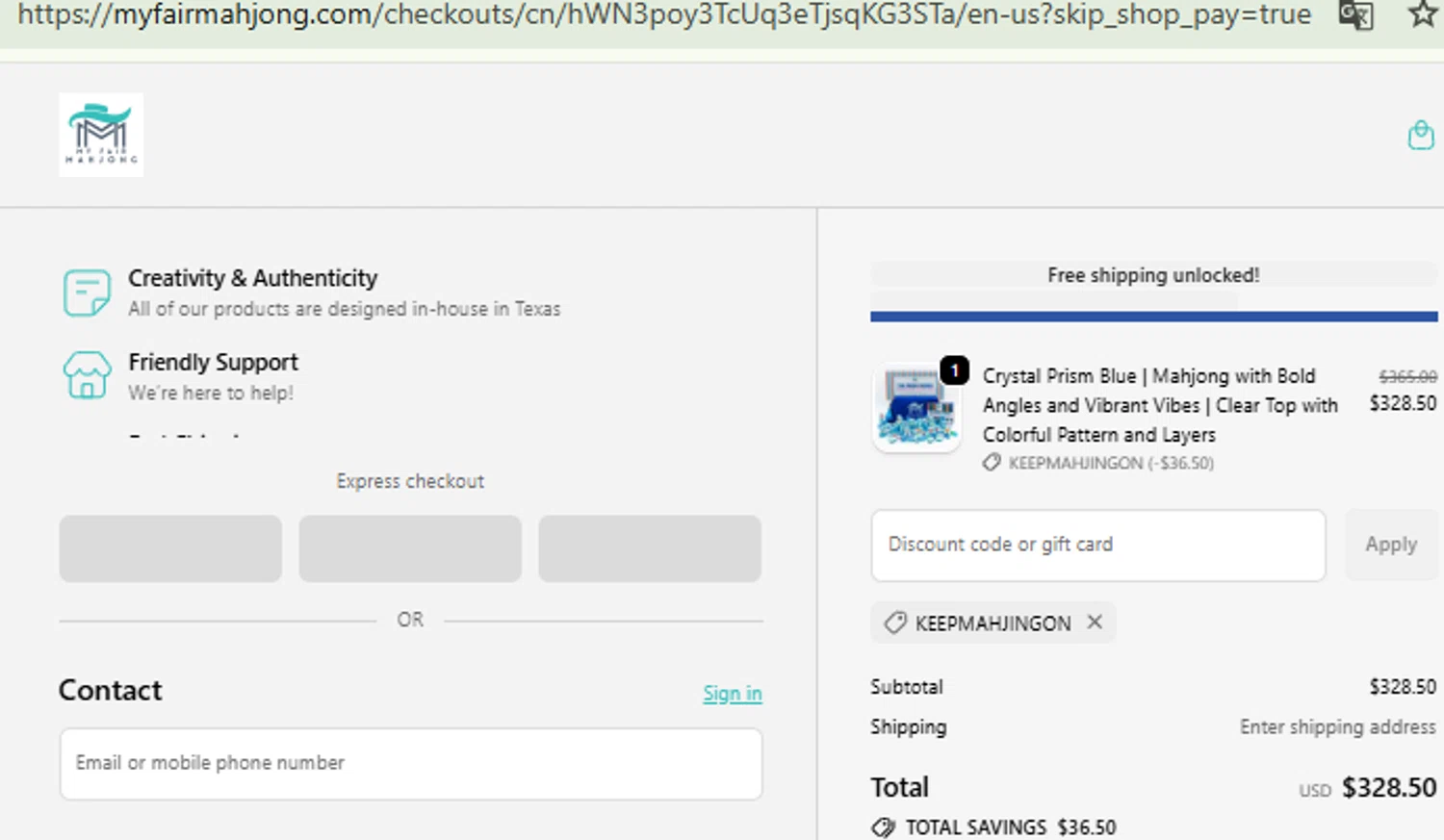 My Fair Mahjong discount code screenshot showing code KEEPMAHJINGON applied at My Fair Mahjong checkout page. Uploaded by SimplyCodes community member RewardFinder4836 on Oct 7, 2025