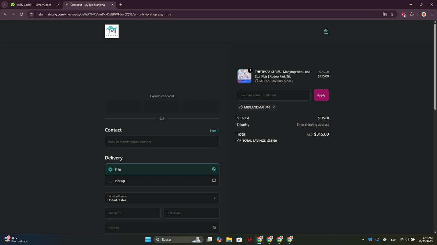 My Fair Mahjong discount code screenshot showing code midlandmahj10 applied at My Fair Mahjong checkout page. Uploaded by SimplyCodes community member CrownPioneer7057 on Oct 23, 2025