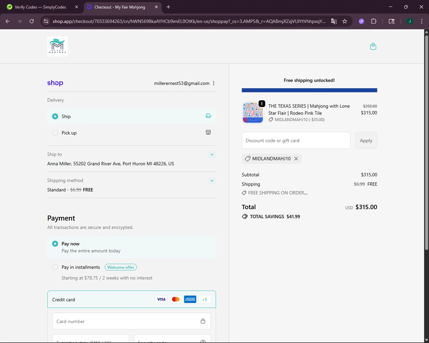 My Fair Mahjong discount code screenshot showing code midlandmahj10 applied at My Fair Mahjong checkout page. Uploaded by SimplyCodes community member VictoriousOwl2774 on Nov 9, 2025