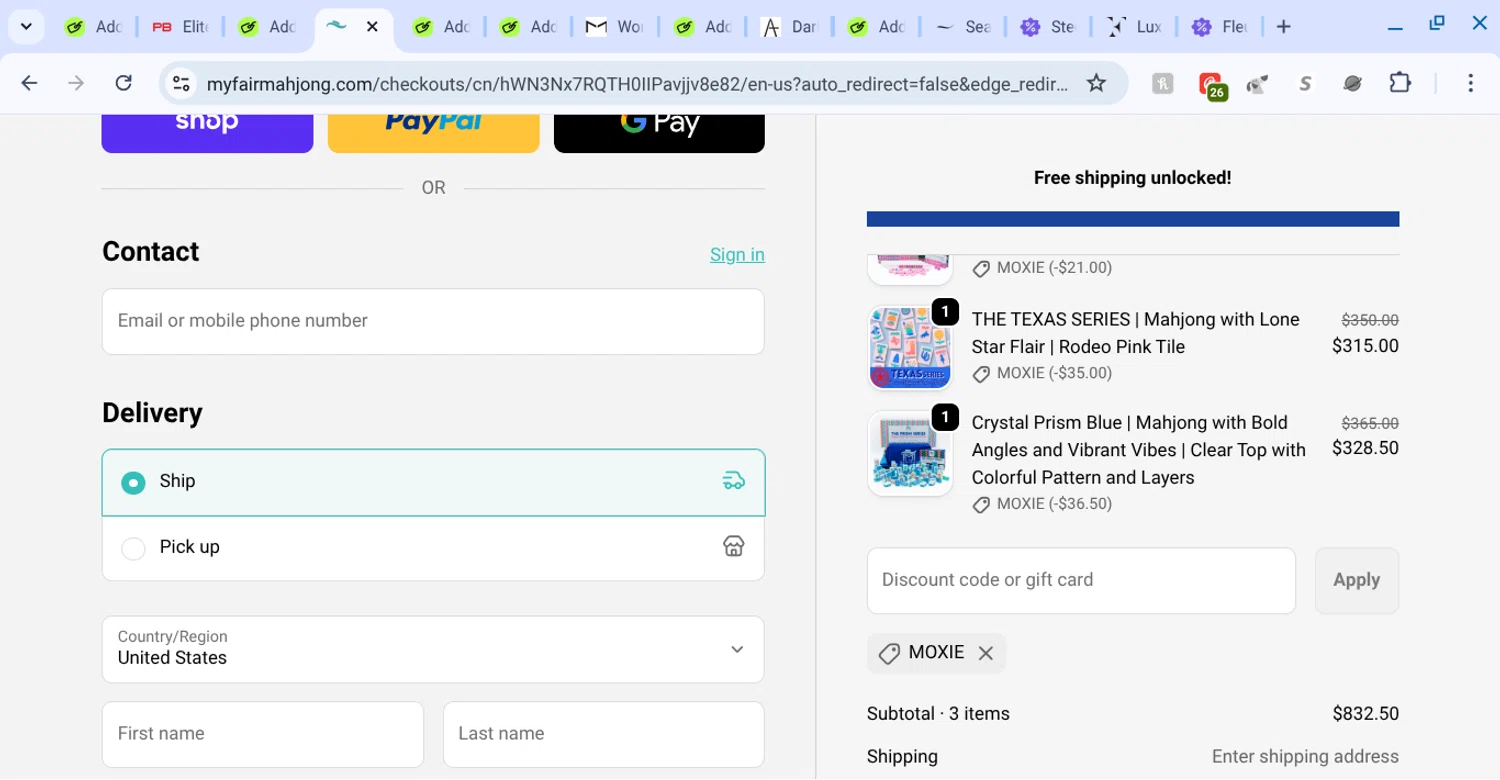 My Fair Mahjong discount code screenshot showing code moxie applied at My Fair Mahjong checkout page. Uploaded by SimplyCodes community member KarinaHZ on Sep 25, 2025