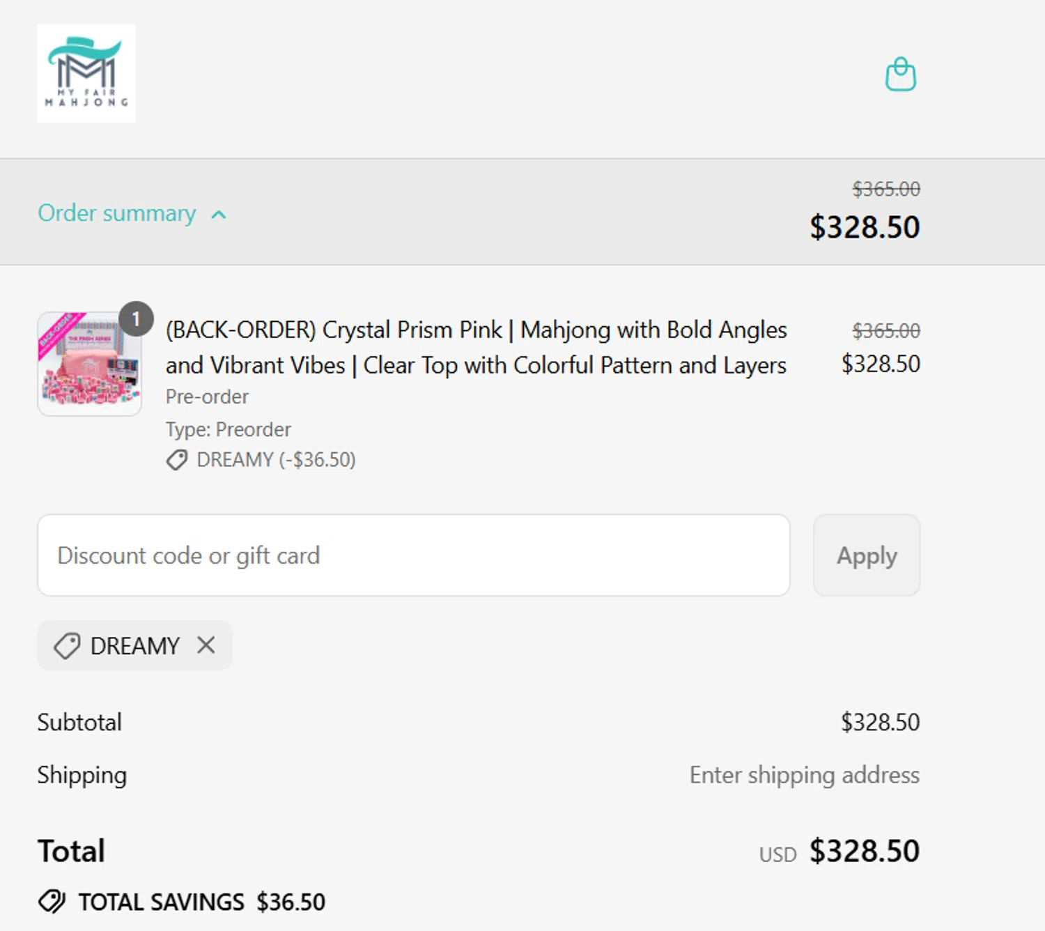 My Fair Mahjong discount code screenshot showing code DREAMY applied at My Fair Mahjong checkout page. Uploaded by SimplyCodes community member becomeaware on Sep 3, 2025