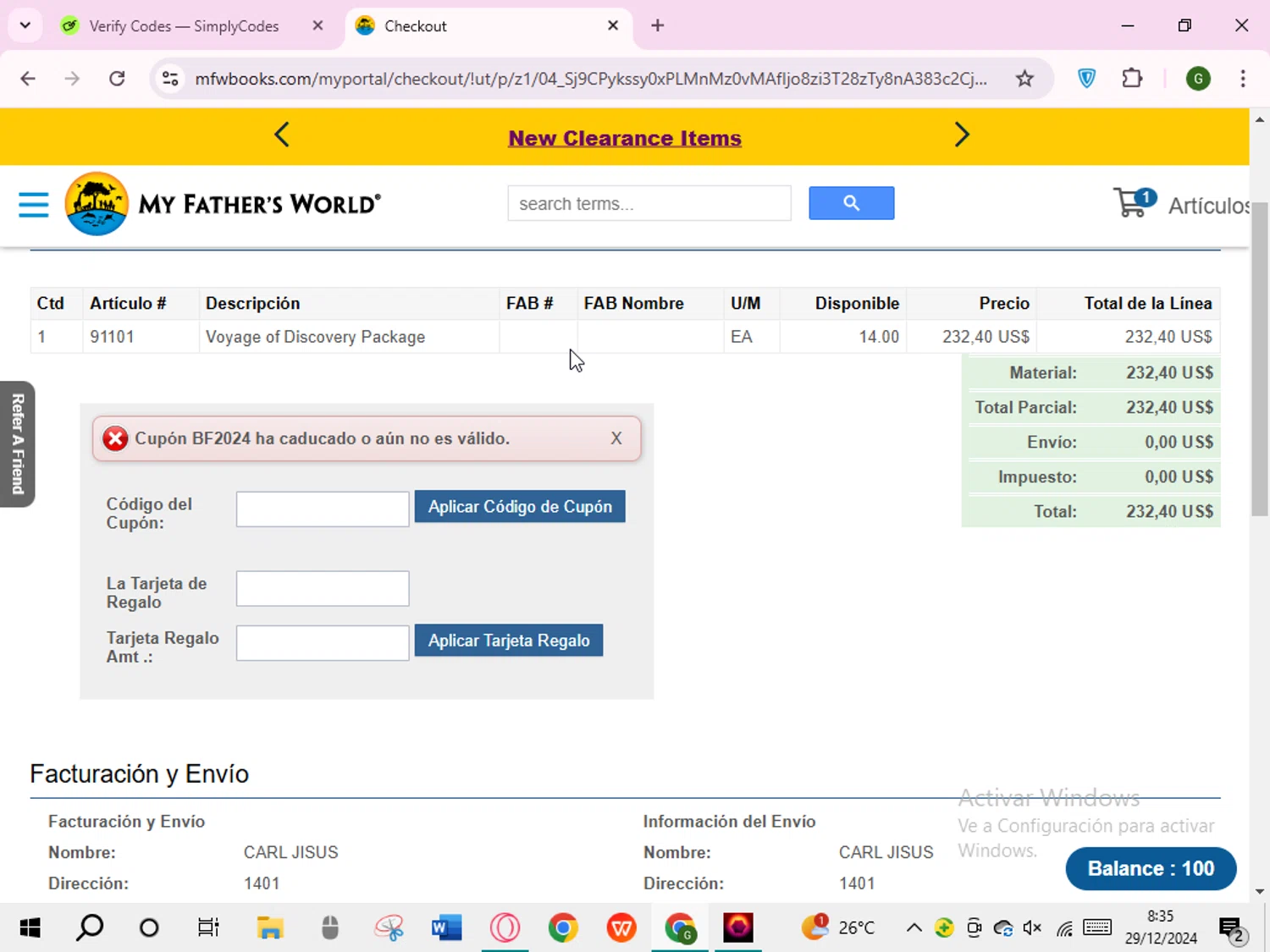 My Father's World coupon code screenshot showing code BF2024 applied at My Father's World checkout page. Uploaded by SimplyCodes community member RoyalVirtuoso7438 on Dec 29, 2024