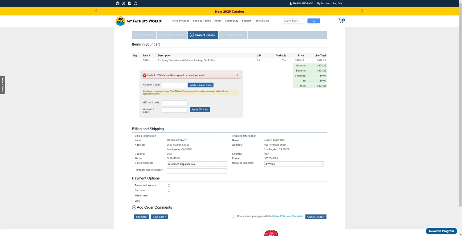 My Father's World coupon code screenshot showing code EB2025 applied at My Father's World checkout page. Uploaded by SimplyCodes community member Lorencia on Mar 7, 2025